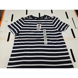 Rafaella Navy and White Striped Short Sleeve T-Shirt with Gold Button Details